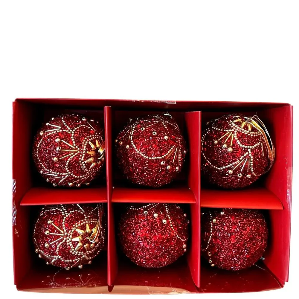 Bella Lux Red Gold Beaded Christmas Ornaments 2.5in Set of 6 Holiday Glam NEW
